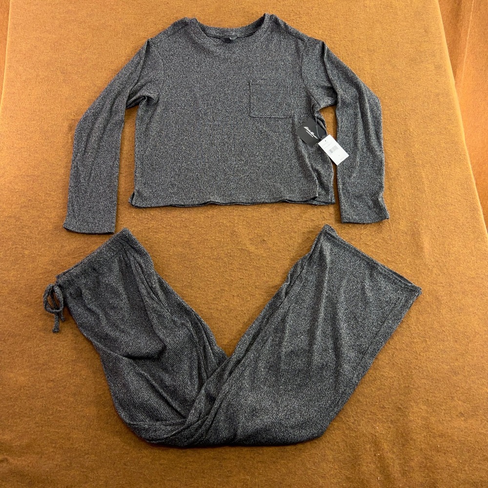 Eddie Bauer Womens M Gray Ribbed Knit Long Sleeve Top Wide Leg Pants Lounge Set